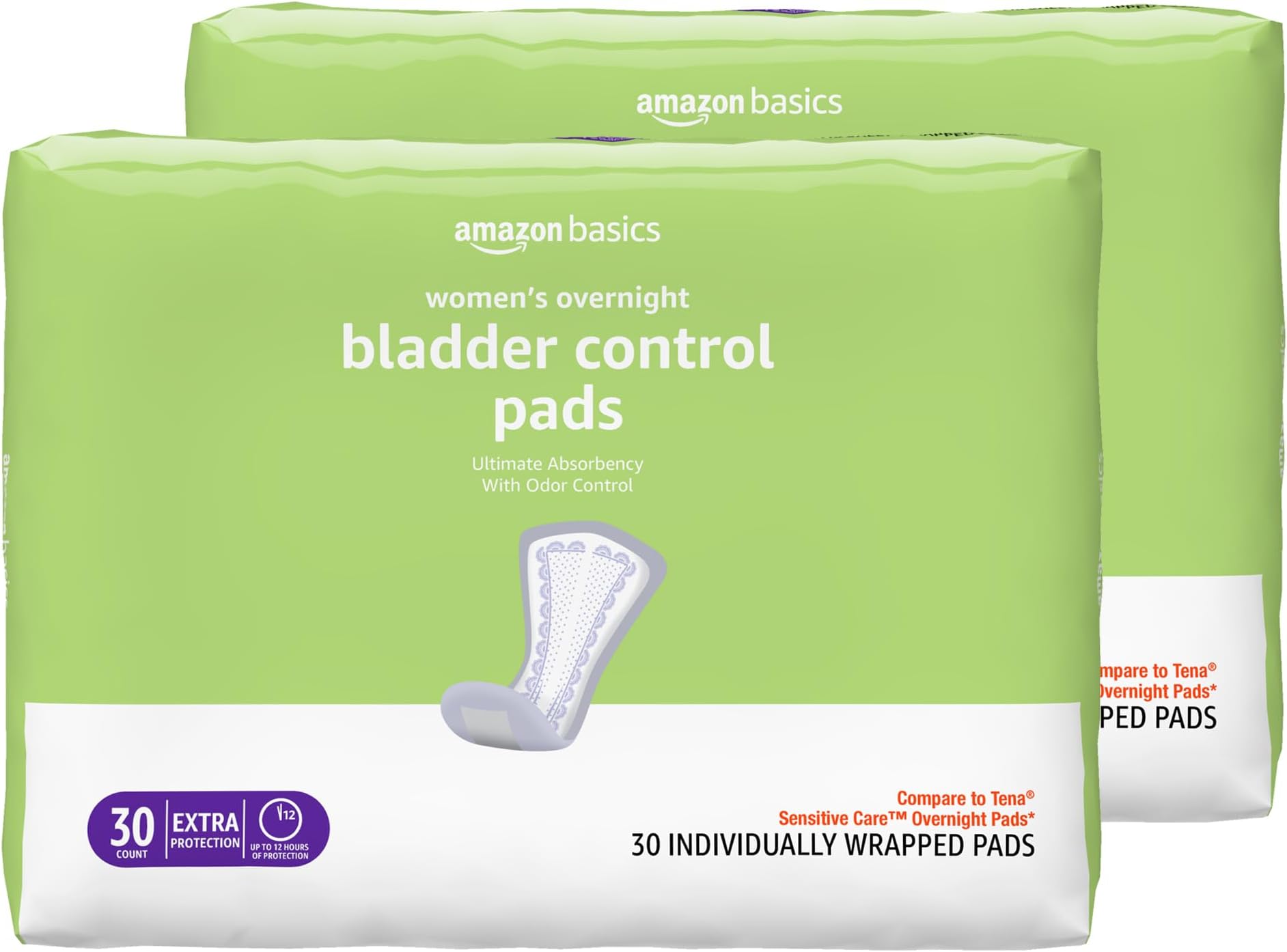 Amazon Basics Incontinence Pads for Women, Postpartum, Bladder Control, Overnight Absorbency, Unscented, with Odor Control, 60 Count (2 Packs of 30)