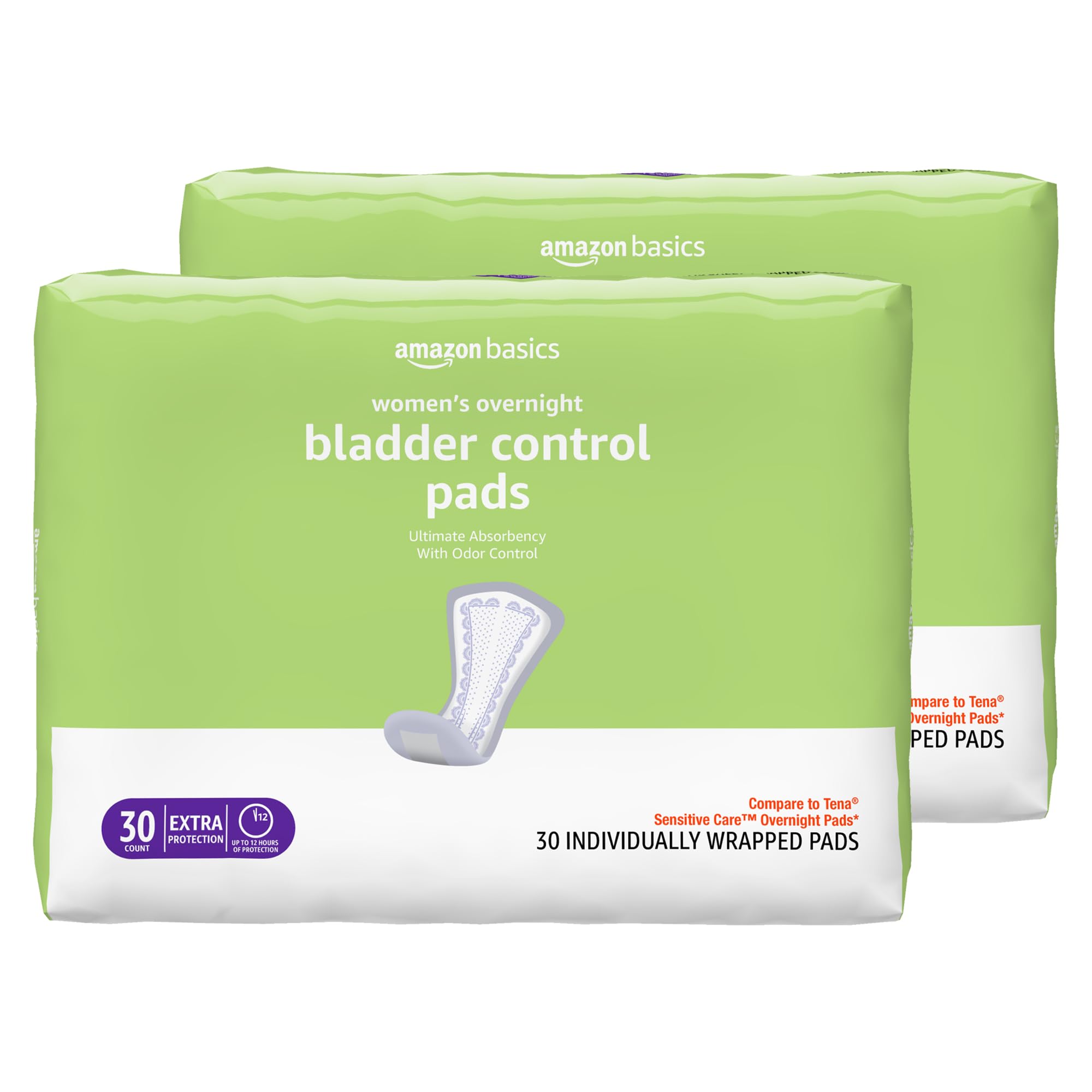 Amazon Basics Incontinence Pads for Women, Postpartum, Bladder Control, Overnight Absorbency, Unscented, with Odor Control, 60 Count (2 Packs of 30)