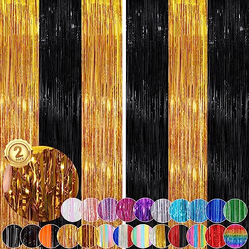Image of Black Gold Streamer Tinsel Foil Fringe Curtains Streamer 2Pack 3.3X 8.3Ft Streamer Tinsel Streamer Curtains for Birthday Party Decors Wedding Bachelorette Bridal Shower Xmas Decors Streamers