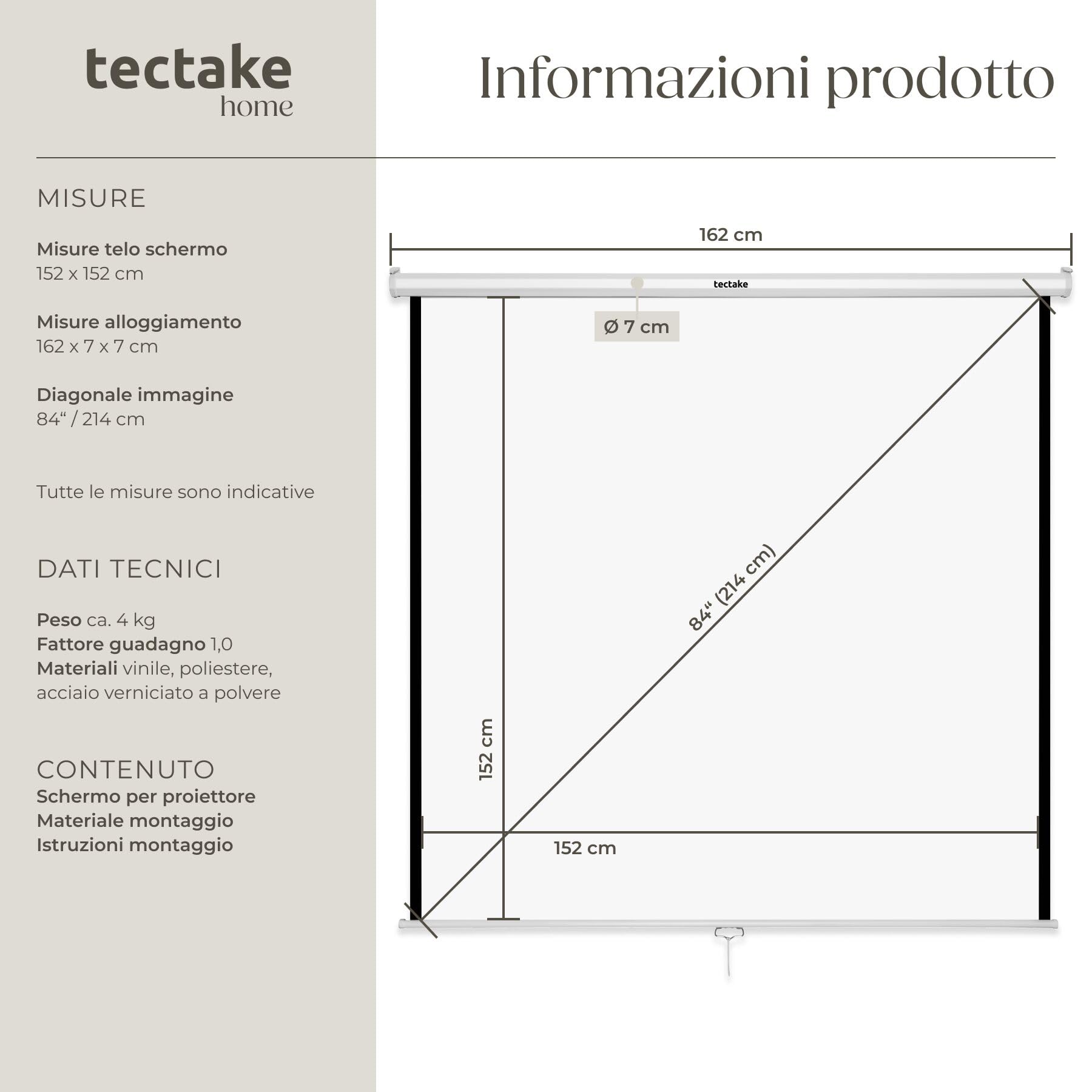 tectake® Schermo Proiettore 152x152cm, Avvolgibile, Diagonale 84", Gain Factor1.0, Formati 1:1, 4:3, 16:9, Schermo a Parete, Soffitto, Cinema a Casa, Home Cinema, Ufficio, Ottimizzato per HDTV e 3D
