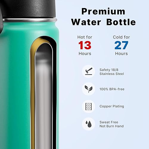 Miniatura 2 de KOODEE Botella de agua de acero inoxidable de 16 onzas con aislamiento al vacío de doble pared con pajilla, paquete de 2 botellas de agua deportivas