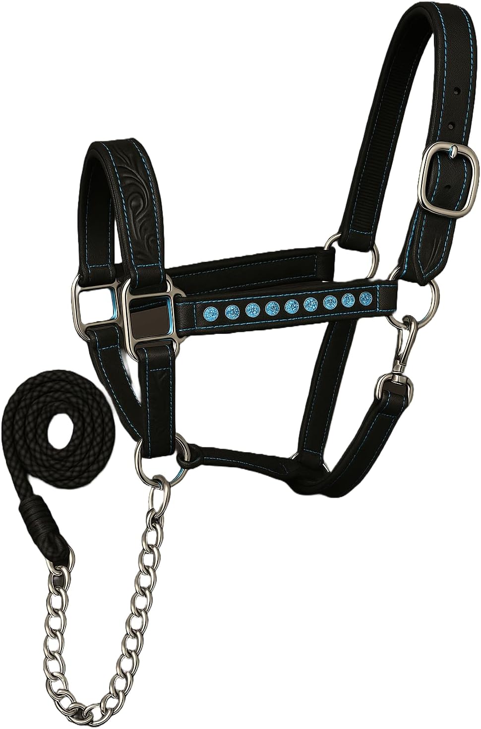 Handcrafted Leather Horse Halter – Tooled Design with Crystals, Cushioned Padding, Adjustable Fit, Chain Lead Pony M137