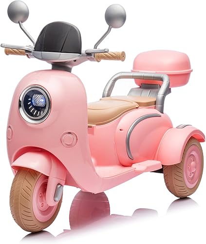 Bluefun Motocicleta eléctrica para niños de 3 ruedas de 12 V con maletero de almacenamiento, juguete de 2 plazas con reproductor de música y luces