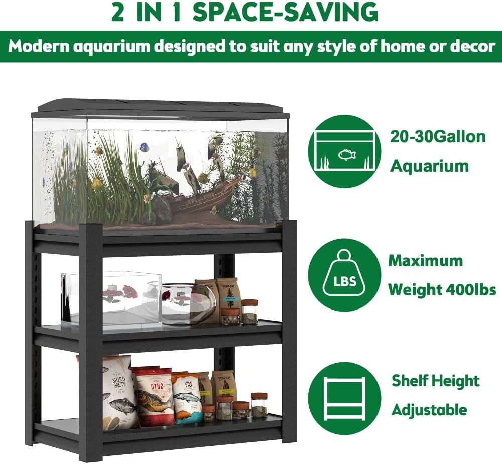Aquarium Stand for 20-30 Gallon Tank, 3-Tier Adjustable Shelf Rack, 34”W x 18”D x 31.5”H Heavy Duty Fish Tank Stand for Home, Office, Reptile Habitat, Holds Up to 400 lbs, Black (Black + Metal + Metal)