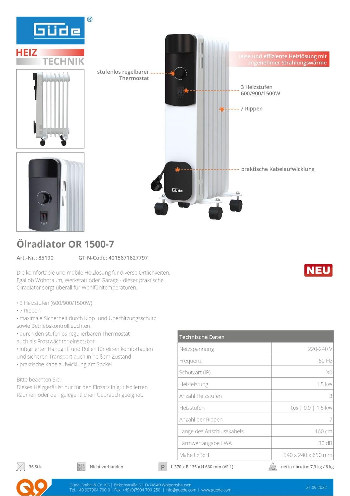 Güde Radiador de aceite OR 1500-7 (220-240 V, 1500 W de potencia de calentamiento, 3 niveles de calor (600/900/1500 W), 7 costillas, termostato continuo, protección contra vuelco y sobrecalentamiento,