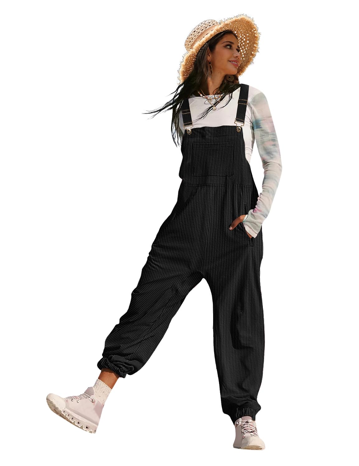 YESNO Women's Casual Corduroy Overalls Sleeveless Adjustable Straps Loose Harem Bib Jumpsuits for Women with Pockets PCL