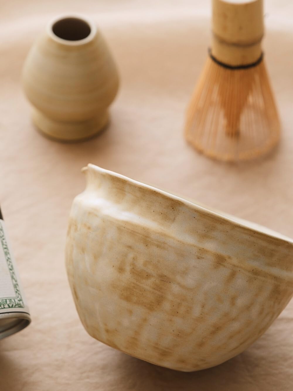 6-pcs Japanese Matcha Whisk Set with Handmade Wabi-Sabi Ceramic Bowl(Chawan),Bamboo Chasen, Whisk Holder, Scoop, Sifter & Tea Towel,Matcha Ceremony Kit,(Sandstone Reactive Glaze) - Image 6