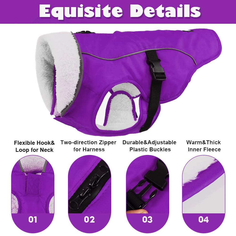 EMUST Abrigo de invierno para perro, chaqueta de nieve impermeable para perro, abrigo ajustable para perros pequeños/medianos/medianos para invierno, morado, L