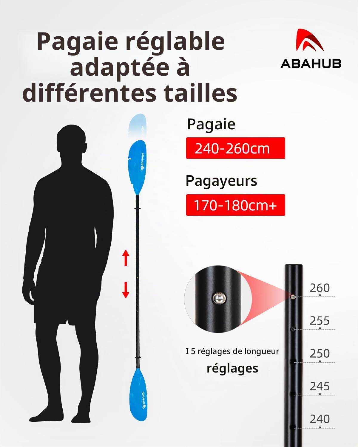 Abahub Pagaie de Kayak Réglable 240cm à 260cm Pagaie de Pêche en Aluminium Double Pagaie avec Laisse de Pagaie pour la Pêche en Kayak Tige en Alliage d’Aluminium Lames en Plastique