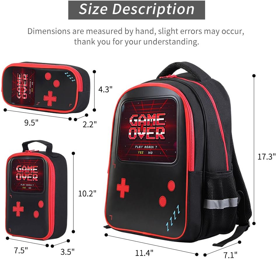 Gamer Backpack for Boys 3pcs Gaming Boys Backpack with Lunch Box and Pencil Case for Kids Video Gamer School Bags