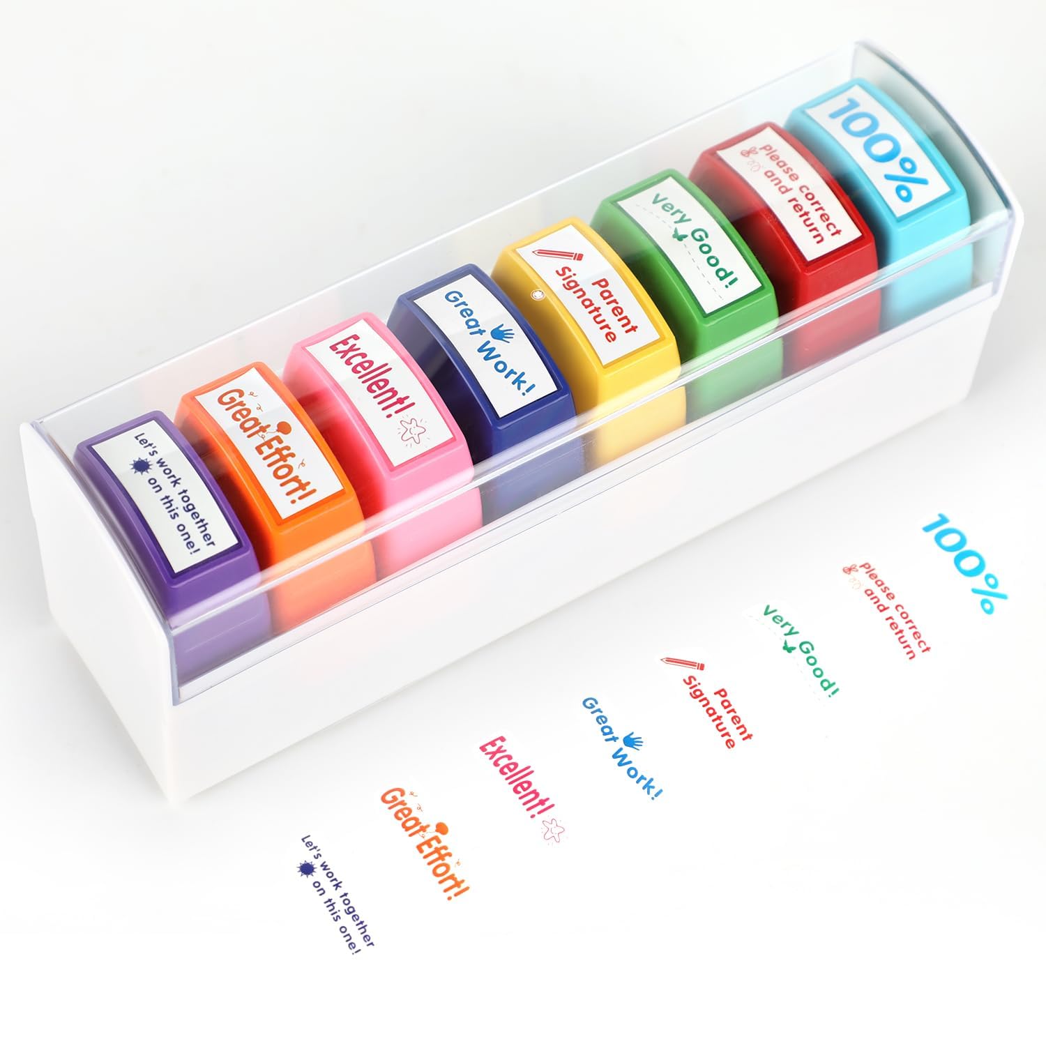 Ktxaby 8 Pcs Teacher Stamps for Classroom Grading,Teachers Self-Inking Stamps with Different Messages,Encouraging Signature Stamp for Homeschool & Teacher Supplies Comes with with Stamp Tray