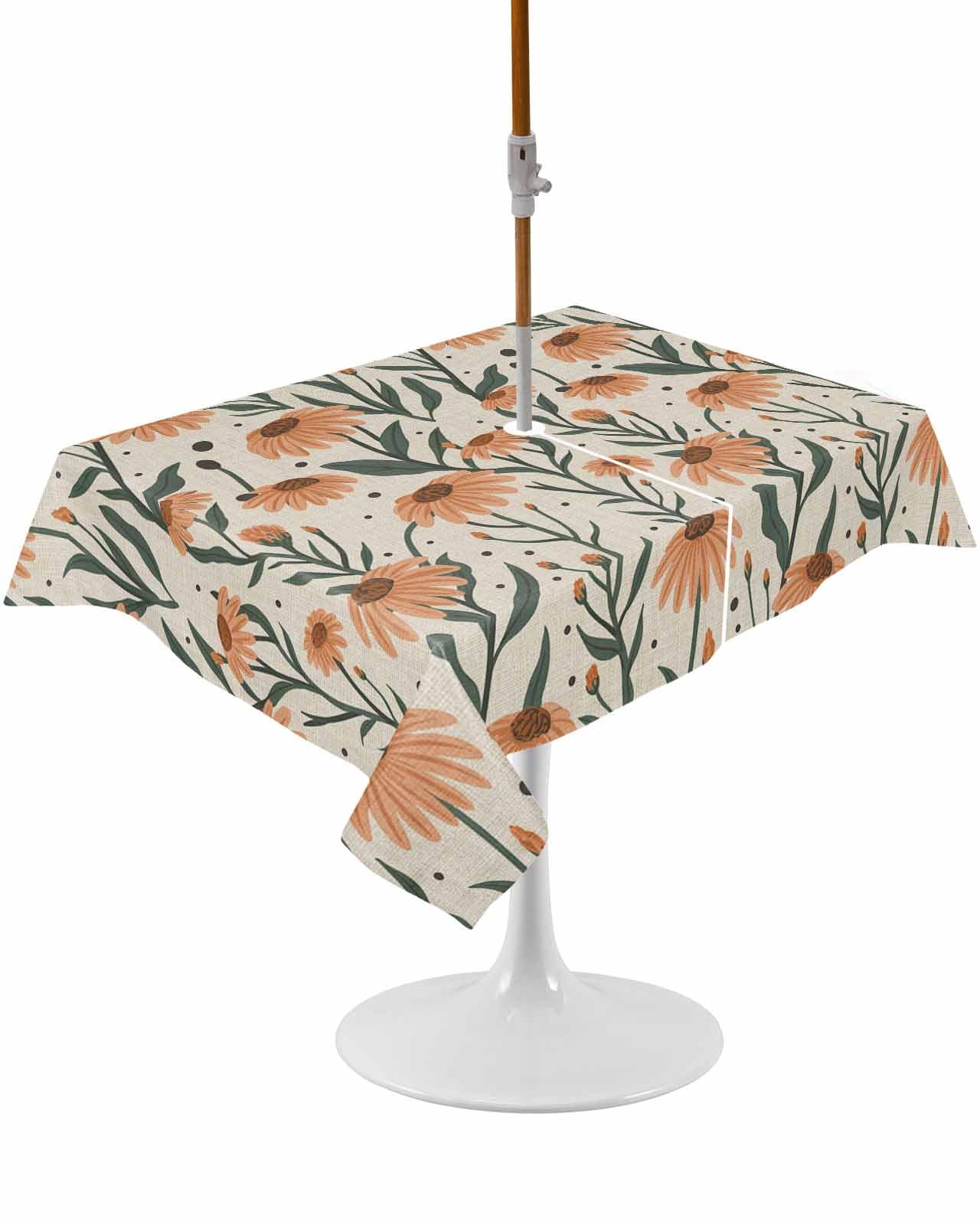 Pink Daisy Floral Outdoor Tablecloths with Umbrella Hole and Zipper, Rustic Turquoise Botanical Flowers Art Waterproof/Stain Resistant Rectangle Table