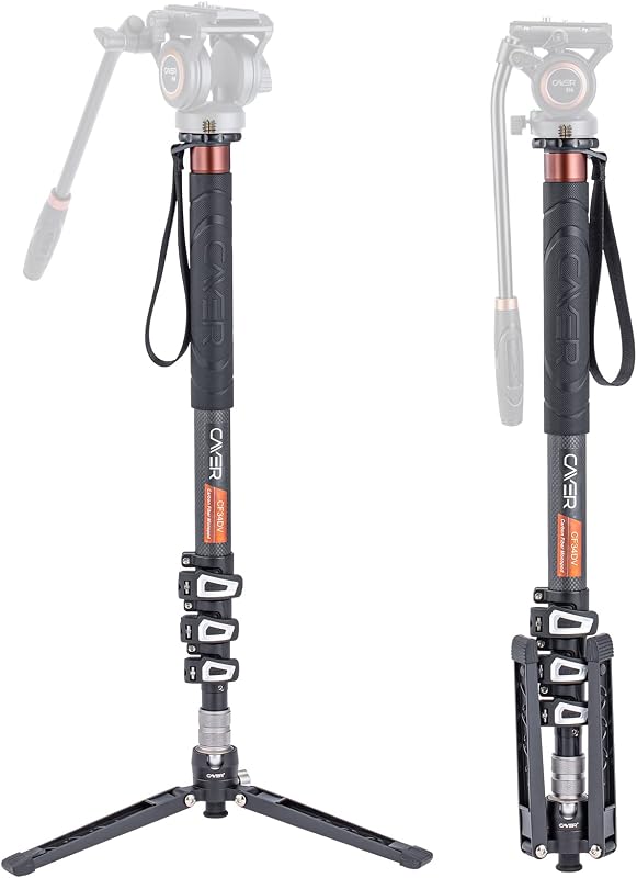 CF34DV Carbon Fiber Monopod, 68" with Folding Feet for Camera | Carbon Fiber Tube, Folding Feet, 4-Section, 68" Height, Monopod Leg with Feet Only