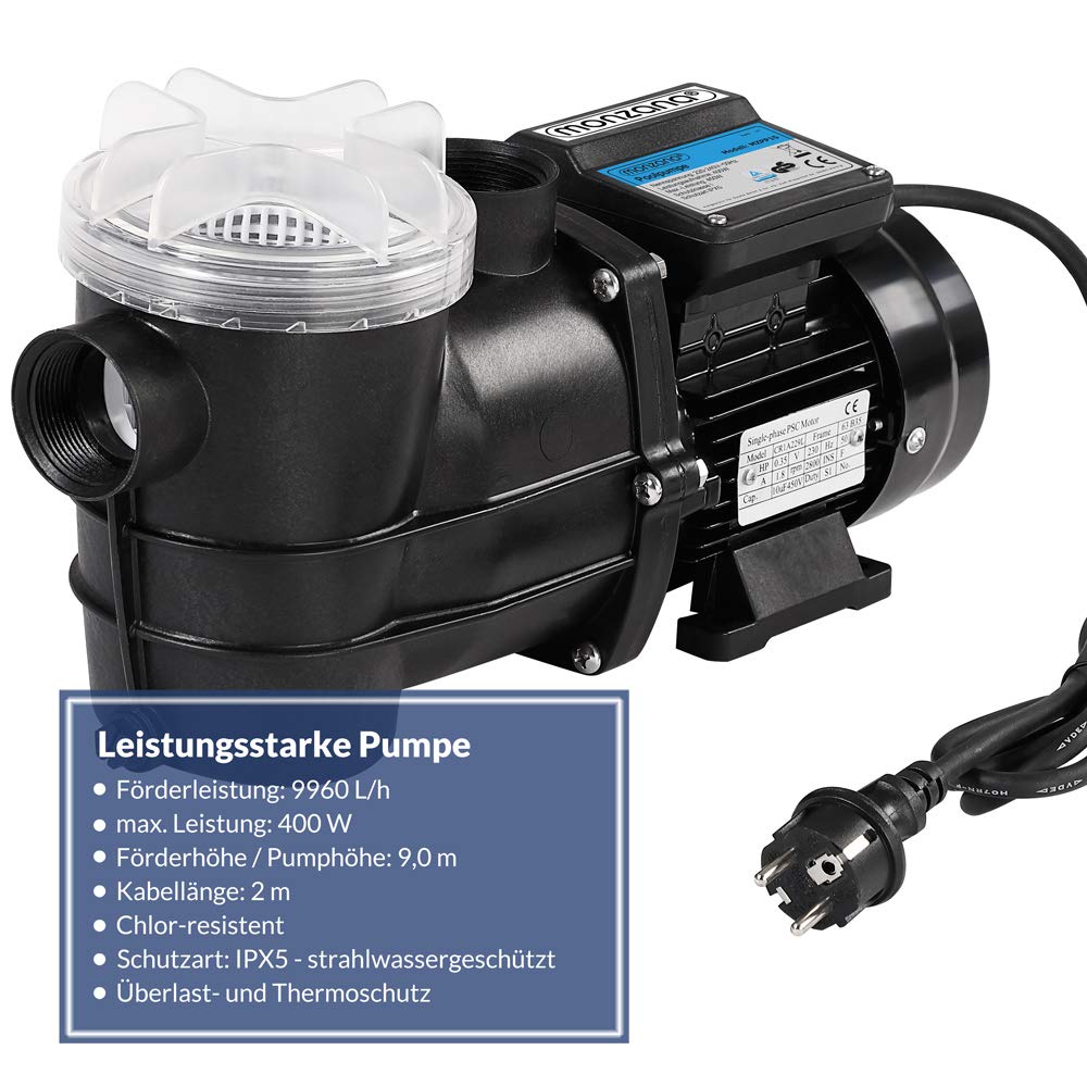 Monzana Pompa di filtraggio 9.960 l/h prefiltro Pompe per Piscina sistemi di filtraggio a Sabbia Altezza di Portata 9 m