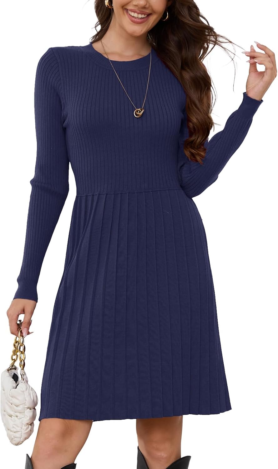 Jayscreate Women's 2024 Sweater Dress Long Sleeve Fall Winter High Waist Tunic Business Casual Mini Pleated Dress