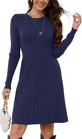 Jayscreate Womens 2024 Sweater Dress Long Sleeve Fall Winter High Waist Tunic Business Casual Mini Pleated Dress