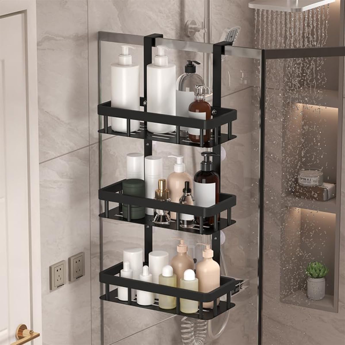 3-Tier Over Door Shower Caddy Black Metal Bathroom Storage Rack 11 81x5 31 Inch Shelves Rustproof Organizer Modern