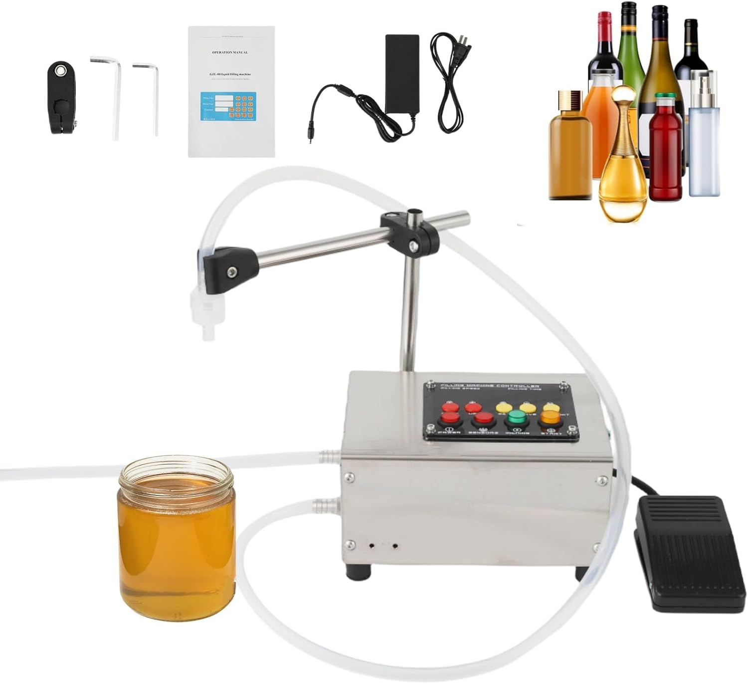 Liquid Filling Machine 1-118 Fl Oz, Automatic Bottle Filling Machine, Bottle Filler Machine Electric Digital Control Diaphragm Pump for Milk, Water, Wine, Beverage, Alcohol (Single Nozzle) 1-135 Fl Oz Double Nozzle