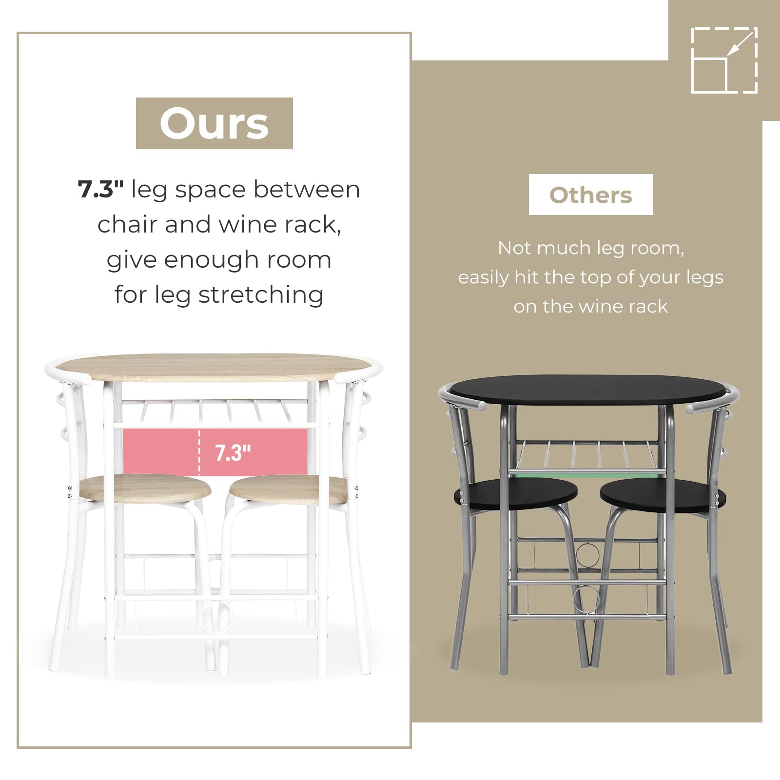 Bonnlo Esstisch Oval für 2 Personen mit Ablagefach, Küchentisch Klein mit 2 Stühlen, Dining Table Set Esszimmertisch Essgruppe Balkontisch für Küche Balkon Esszimmer (Eiche-Weiß)