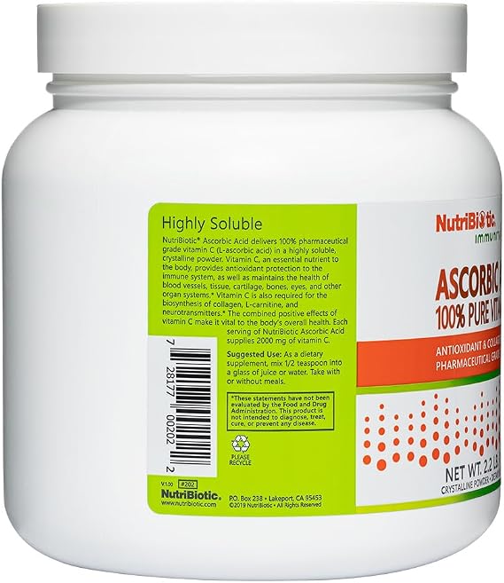 NutriBiotic Ascorbic Acid Vitamin C Powder, 2.2 Lb | Pharmaceutical Grade L-Ascorbic Acid, 2000 Mg Per Serving | Essential Immune & Antioxidant Collagen Support Supplement | Vegan, Gluten & GMO Free