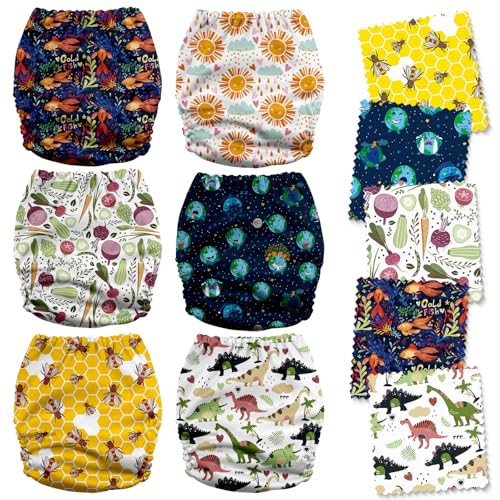 Image of Mama Koala 6 Pack Reusable Cloth Diapers 3.0 for Babies Girls Newborn, One-Size Adjustable Baby Diaper, Durable Stitching, Back Opening for Inserts, Breathable Awj Lining, Leak Prevention-Animals & E