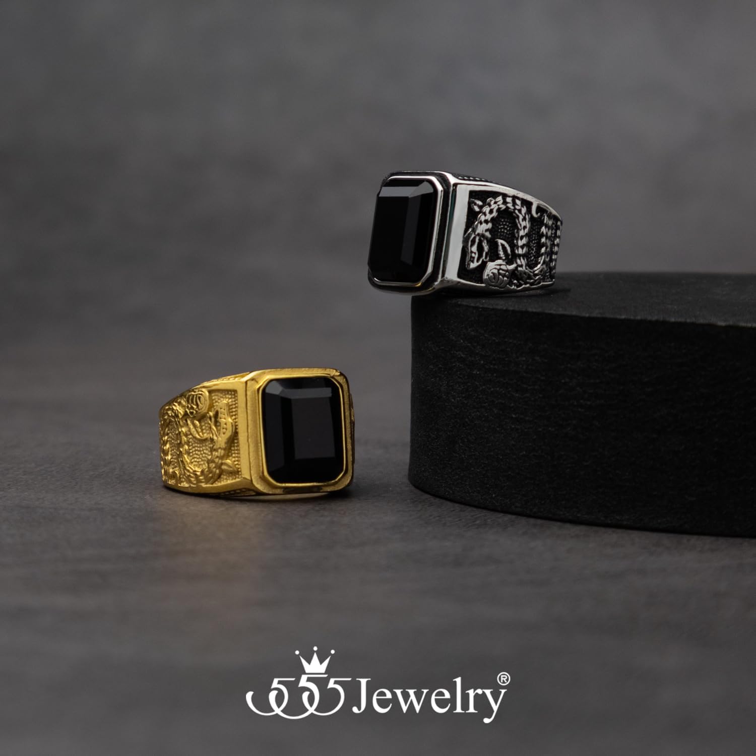 555Jewelry Stainless Steel Men's Ring Black Onyx Ring Square Mens Signet Ring Black Onyx Stone Signet Rings for Men Snake Engraved Size 7-13