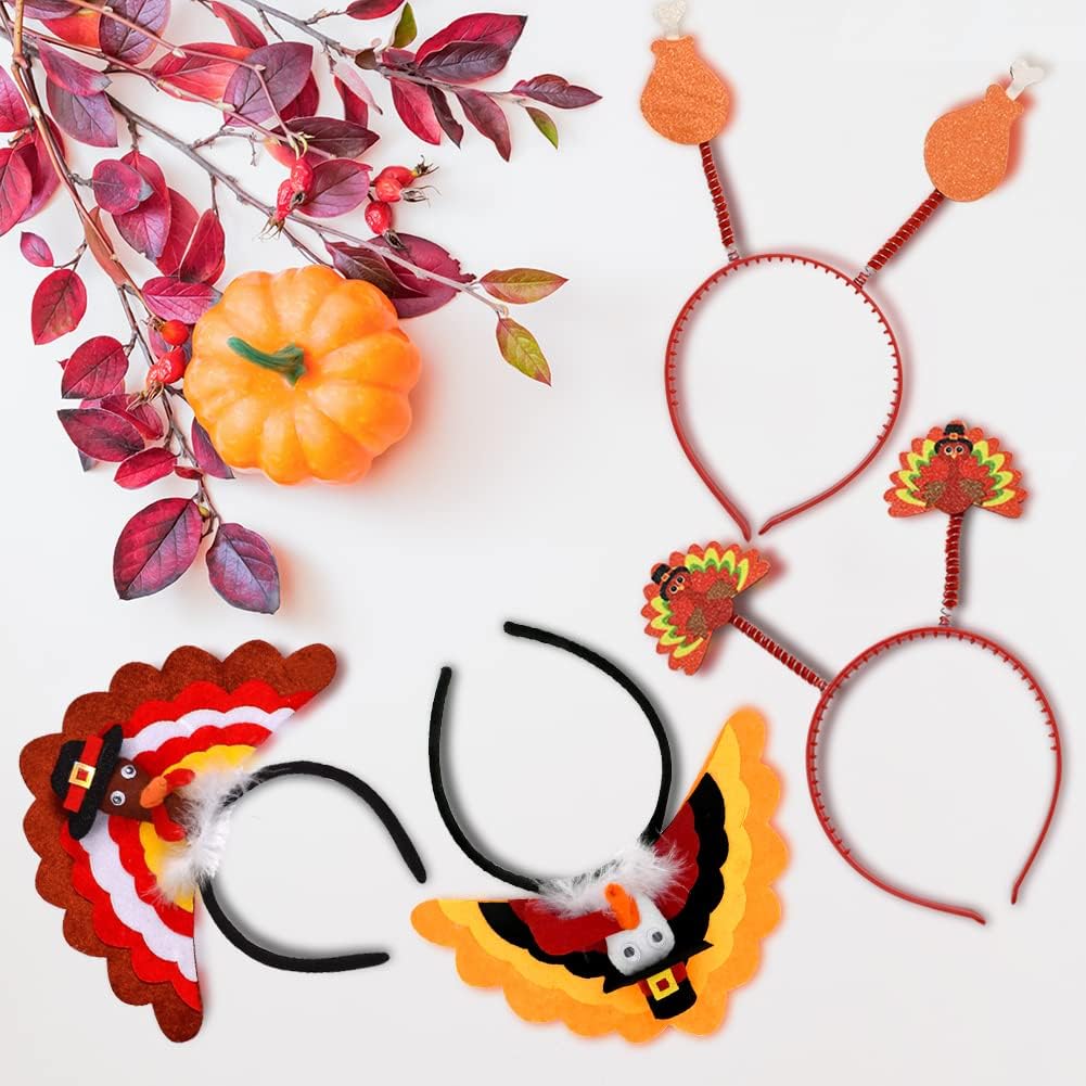 3 Turkey Hat Headband and 3 Turkey Head Boppers Thanksgiving Set for Fall Party Favors Supplies Women's Thanksgiving Hair Accessories
