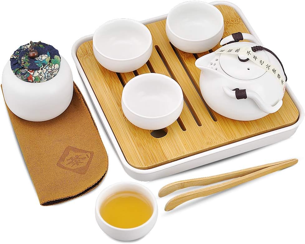 Portable Travel Tea set - Chinese/Japanese Porcelain Gongfu Tea Set, Traditional Tea Ceremony Set with Tea Can,Teapots, Teacups, Bamboo Tea Tray and Travel Bags(White)