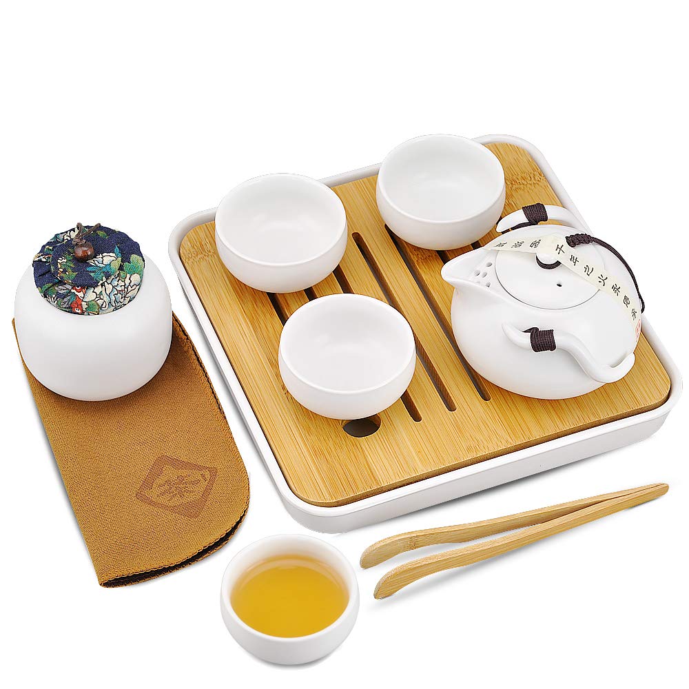 Portable Travel Tea set - Chinese/Japanese Porcelain Gongfu Tea Set, Traditional Tea Ceremony Set with Tea Can,Teapots, Teacups, Bamboo Tea Tray and Travel Bags(White)