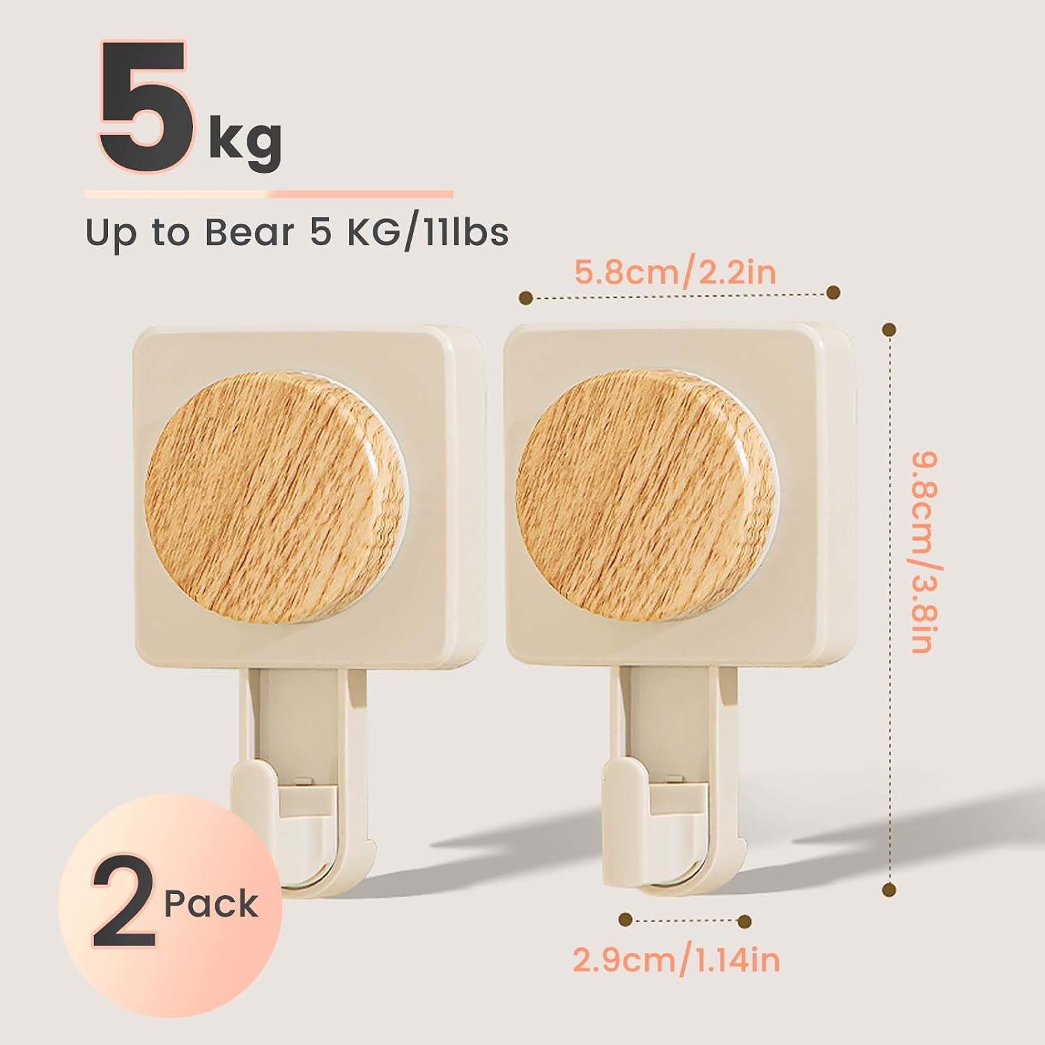 Daily Treasures 2PCS Wood Grain Suction Hooks,Rotation Design Bathroom Hooks Suction,Farmhouse Vacuum Wash Cloth Holders for Shower,5KG Removable Heavy Duty Hooks for Wreath,Reusable Towel Hooks
