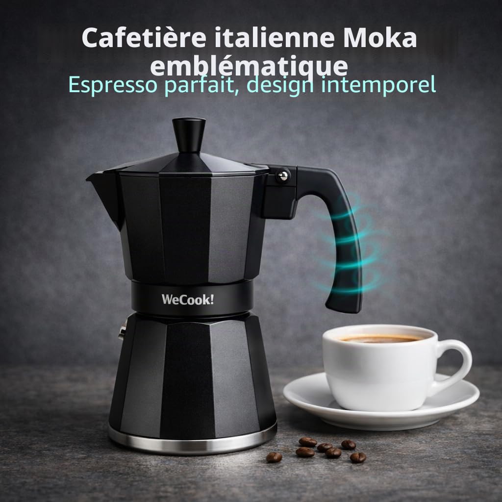 WECOOK! Luccia Cafetière Expresso Italienne à Induction en Aluminium, 1-3 Tasses de Café, Base en Acier Inoxydable, Soupape de Sécurité, Vitrocérame, Gaz, Électrique