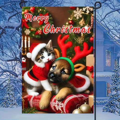 Image of BlissYard Christmas Garden Flag 12x18 Inch Cat Dog Holiday Yard Decor