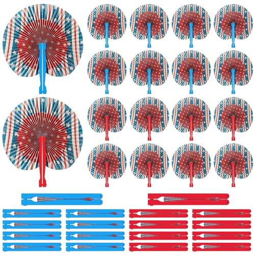 Vercraft 36 Pcs Patriotic Star and Stripe Folding Fans Fourth of July Party Supplies USA Vintage Round Handheld Paper Fans with Plastic Handle Parade Independence Day Decorations