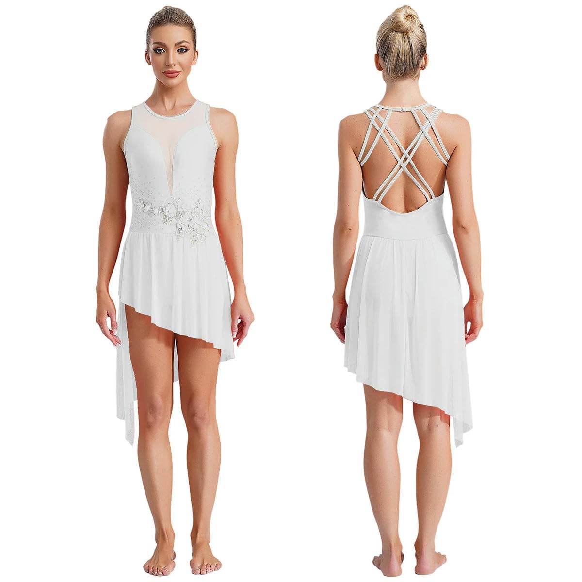 Vestido de baile lírico para mujer, ballet, patinaje artístico, gimnasia, rendimiento, baile, leotardo sin mangas, blanco, L
