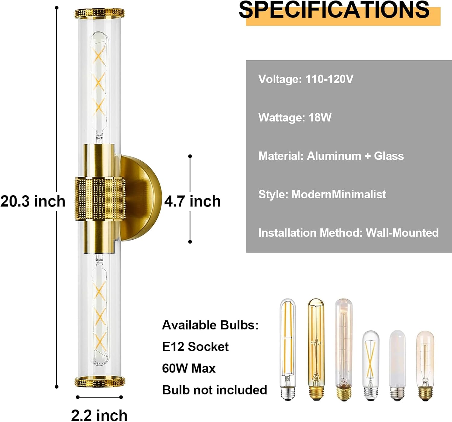 OKELI Wall Sconces Set of Two, 20.3" Black and Gold Bathroom Sconces Lighting with Clear Glass, Hardwired Modern Sconces Wall Decor Set of 2 Light fixtures(Gold, with Ring)