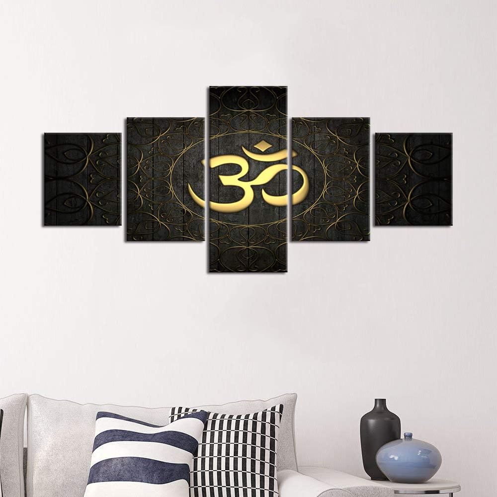 yatsen bridge 5 pieces om symbol canvas painting golden pattern on black ornate indian yoga circle wall decor abstract buddha prints picture for living room bedroom framed ready to hang (50" wx24 h) artwork-14 50''wx24''h