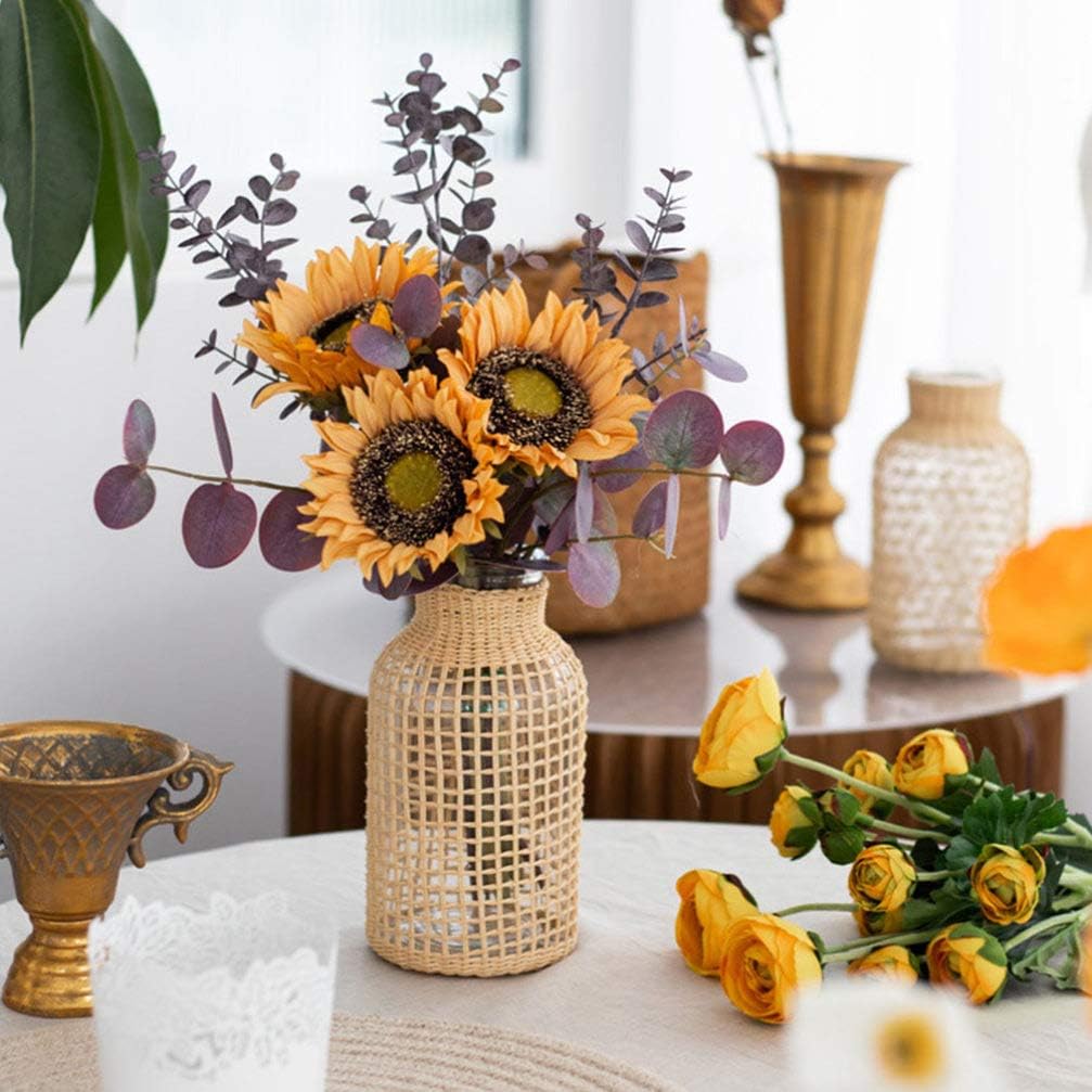 DOITOOL Rattan Vase Boho Woven Glass Vase, Country Rustic Style Wicker Floral Container, Farmhouse Flower Bottle for Floral Arrangements Housewarming Wedding Party Decoration (S+L)