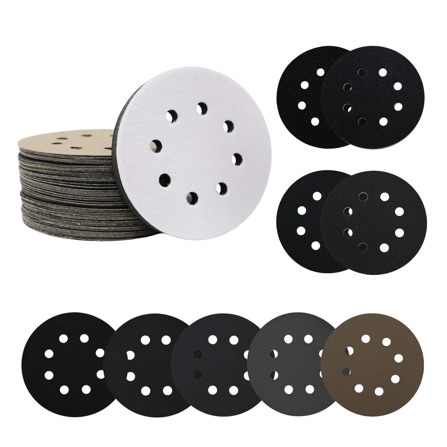 55Pcs 5 Inch 8 Hole Sanding Discs Set, 54Pcs Hook and Loop Sandpaper 80-3000 Grit Assortment with 1Pc Interface Pad, Silicon Carbide Sanding Sheets for Orbital Sander Automotive Wood Metal Polishing