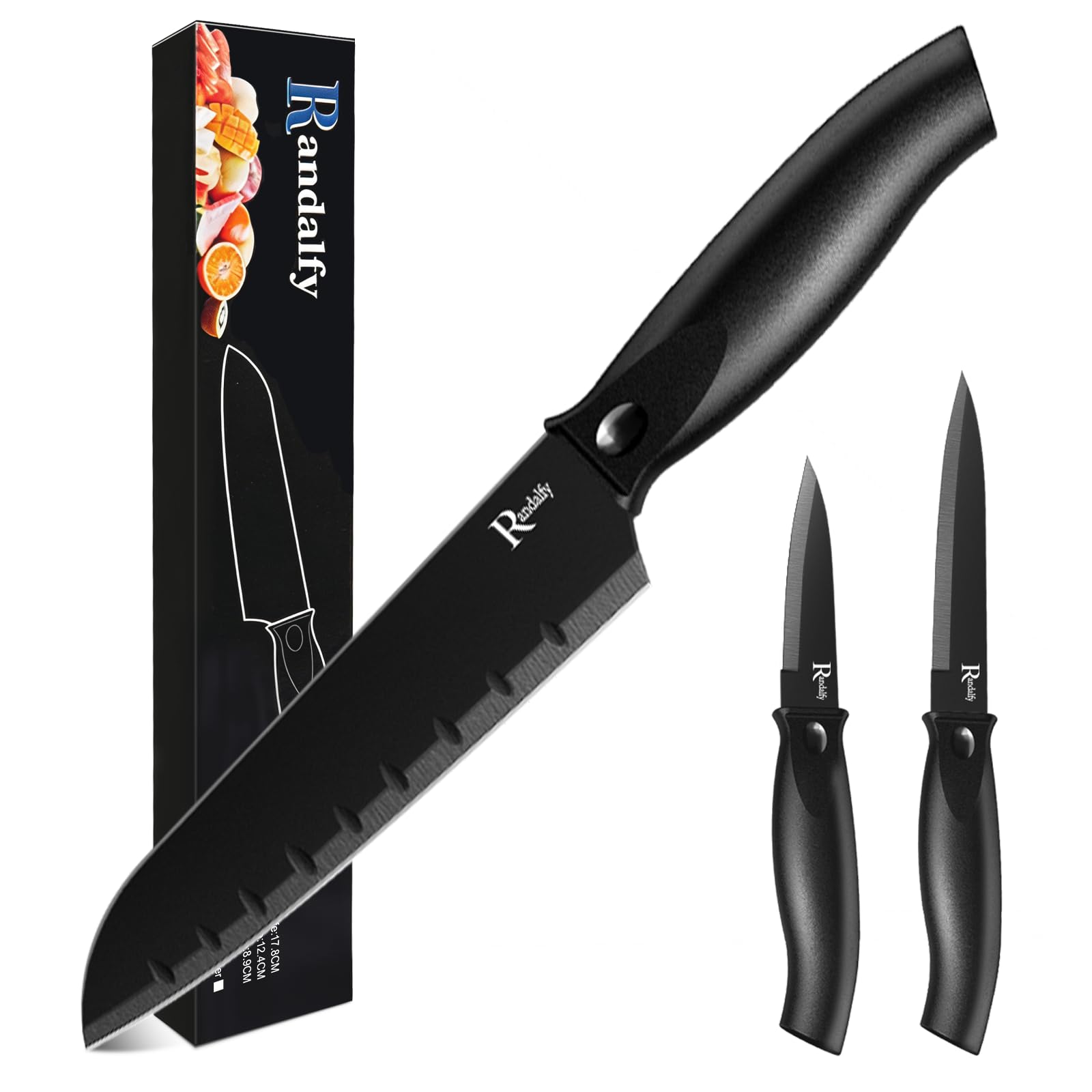 Randalfy 3 Pieces Kitchen Knife Set, Ultra Sharp Stainless Steel Chef Knives Set with Santoku, Utility, Paring Knife for Fruit, Vegetable, Tomato, Peeling - Popular Family Kitchen Collection (Black)