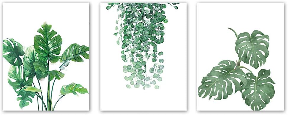 KAIRNE Green Leaves Art Print Tropical Plants Painting Poster Set Of 3 (8”*10”Unframed) Botanical Leaf Nature Canvas Wall Art For Kitchen Living Room Home Office Decor