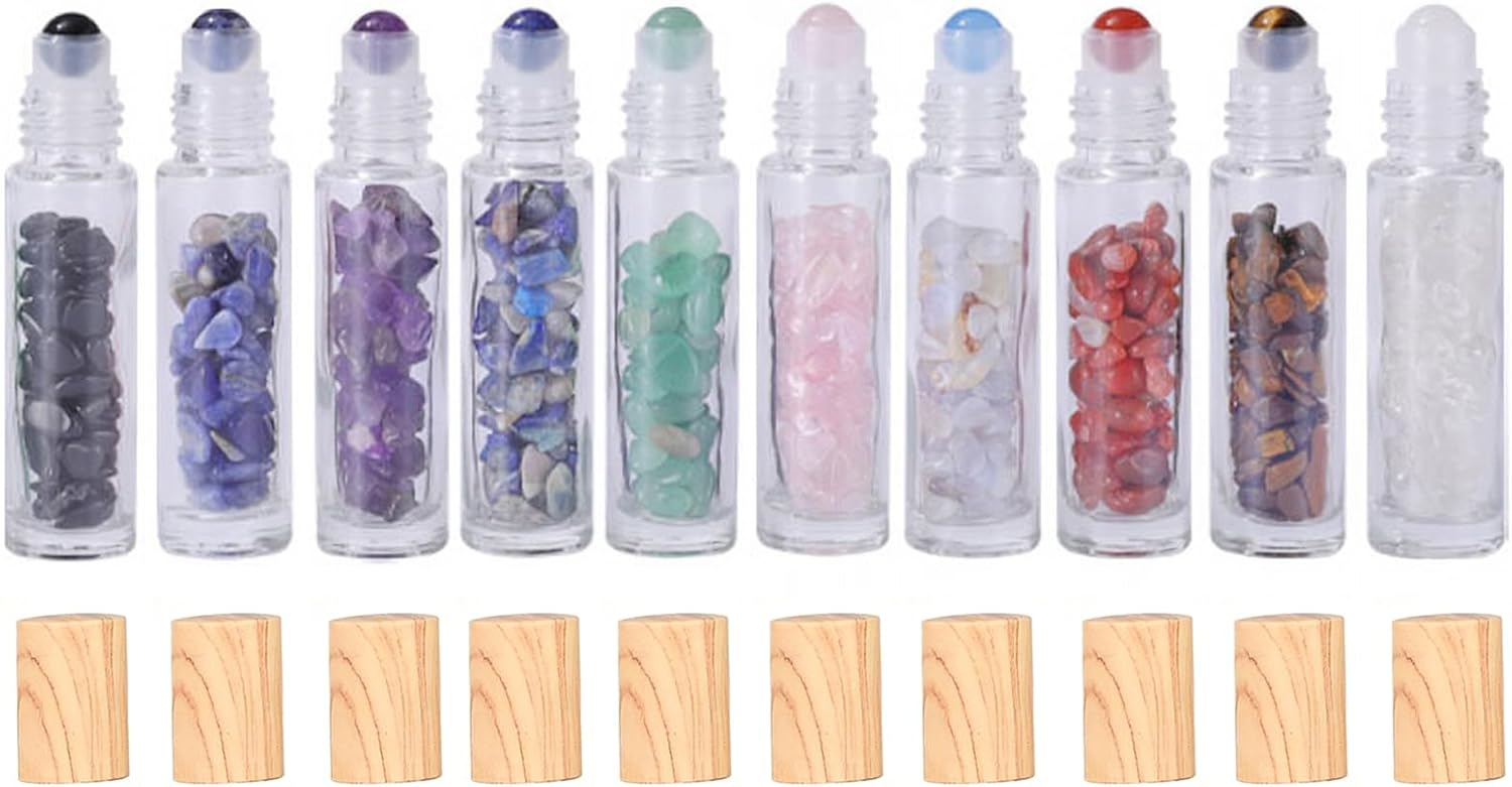 Joyeee 10 Pack 10ml Gemstones Essential Oil Roller Bottles with Crystal Stone Roller Balls, Clear Glass Roll On Travel Bottles Container, Perfume Sample Vials with Crystal Chips Inside