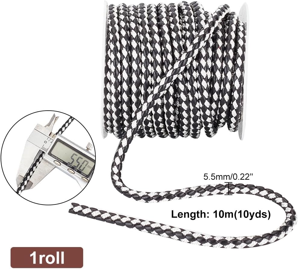 PH PandaHall 10 Yards Round Braided Leather Cord, 5.5mm Leather Rope Jewelry Craft Cord Tie Cording Leather Strap Bolo Cord for DIY Bracelet Necklace Jewelry Crafts Belt Making Wrapping, Black & White