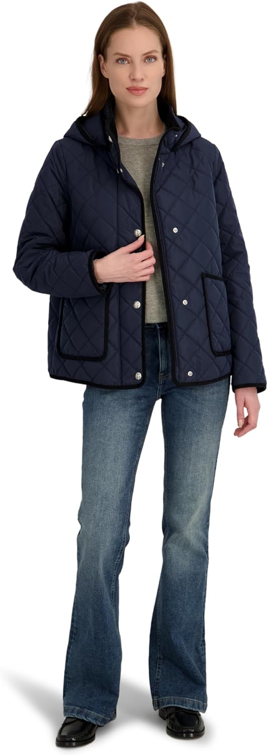 TAHARI Women's Rosie Hooded Quilted Jacket – Water-repellent Short Coat Detachable Hood
