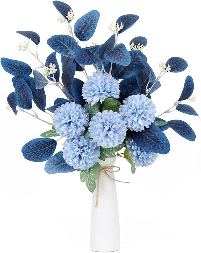 INSUNSIX Blue Fake Flowers Bouquet Artificial Hydrangea Flowers Blue Chrysanthemum Silk Flowers