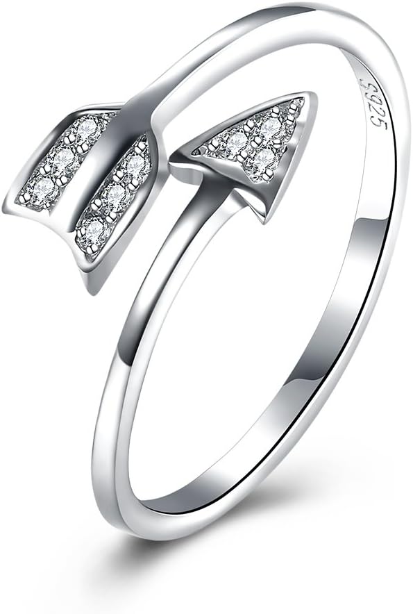 Women's 925 Sterling Silver Cubic Zircon Arrow Shape Princess Open Band Wedding Engagement Eternity Promise Ring Adjustable Size