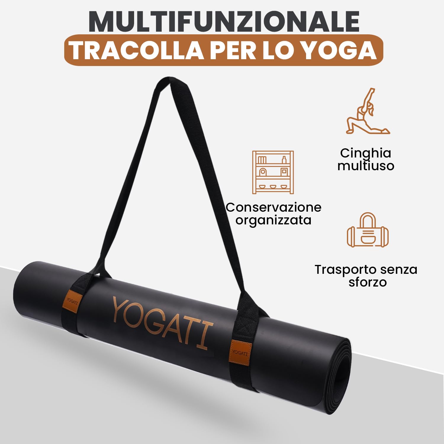 YOGATI® Cinghia Tappetino Yoga Regolabile| Fascia per Stretching, Strap Pilates, Cinghia da Yoga in Cotone, Laccio Elastica per Materassino da Studio, Casa, Viaggio e Palestra.