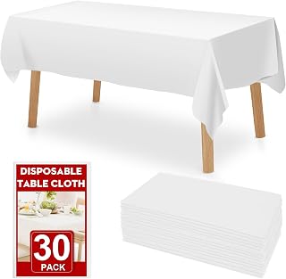 30 Pack White Plastic Table Cloths Disposable, 54 x 108 Inches Plastic Table Cover for Rectangle Tables, Disposable Tablecloth for Dinning, Parties, BBQ, Wedding, Outdoor