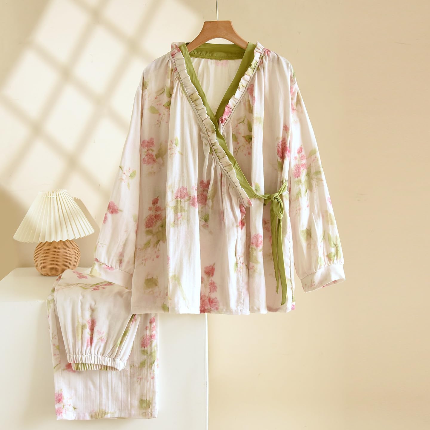 Womens Floral Cotton Pajama Set – Soft Sleepwear with Kimono Wrap Top & Elastic Waist Pants