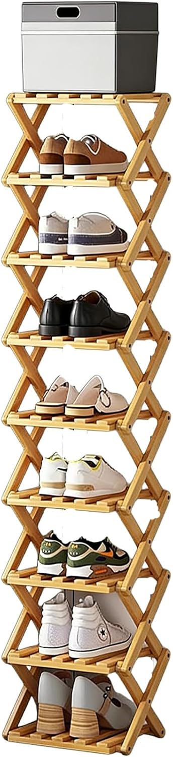 Foldable Bamboo Shoe Rack, No-Assembly Vertical Storage Shelf for Small Spaces, Multi-Purpose Organizer for Entryway, Closet & Home Decor (9 Tier,Natural)