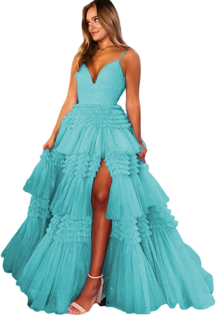Spaghetti Straps Glitter Prom Dress with Slit Tiered Tulle Sparkly Ball Gown Party Dress for Women Formal